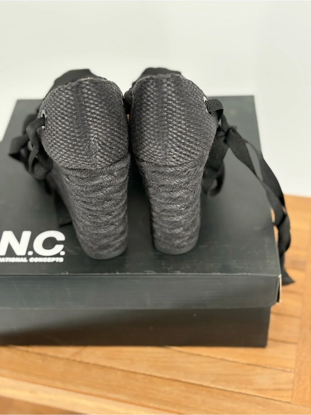 New INC International Concepts Black Lace-Up Espadrille Wedge Heels size 7M